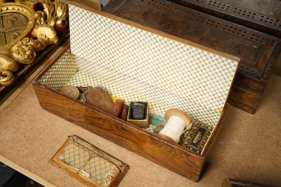 Tunbridge ware - two cribbage board boxes, a sewing box with accessories and another box, largest 26cm wide